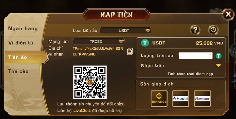 Nạp Tiền Qua Tiền Ảo (USDT)